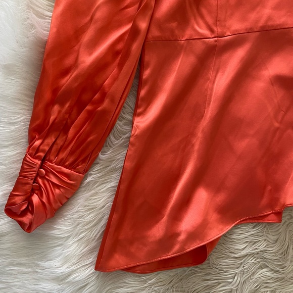 Cinq a Sept Neon Coral Satin Silk One Shoulder Stace Shirt Asymmetrical Blouse - Picture 11 of 14